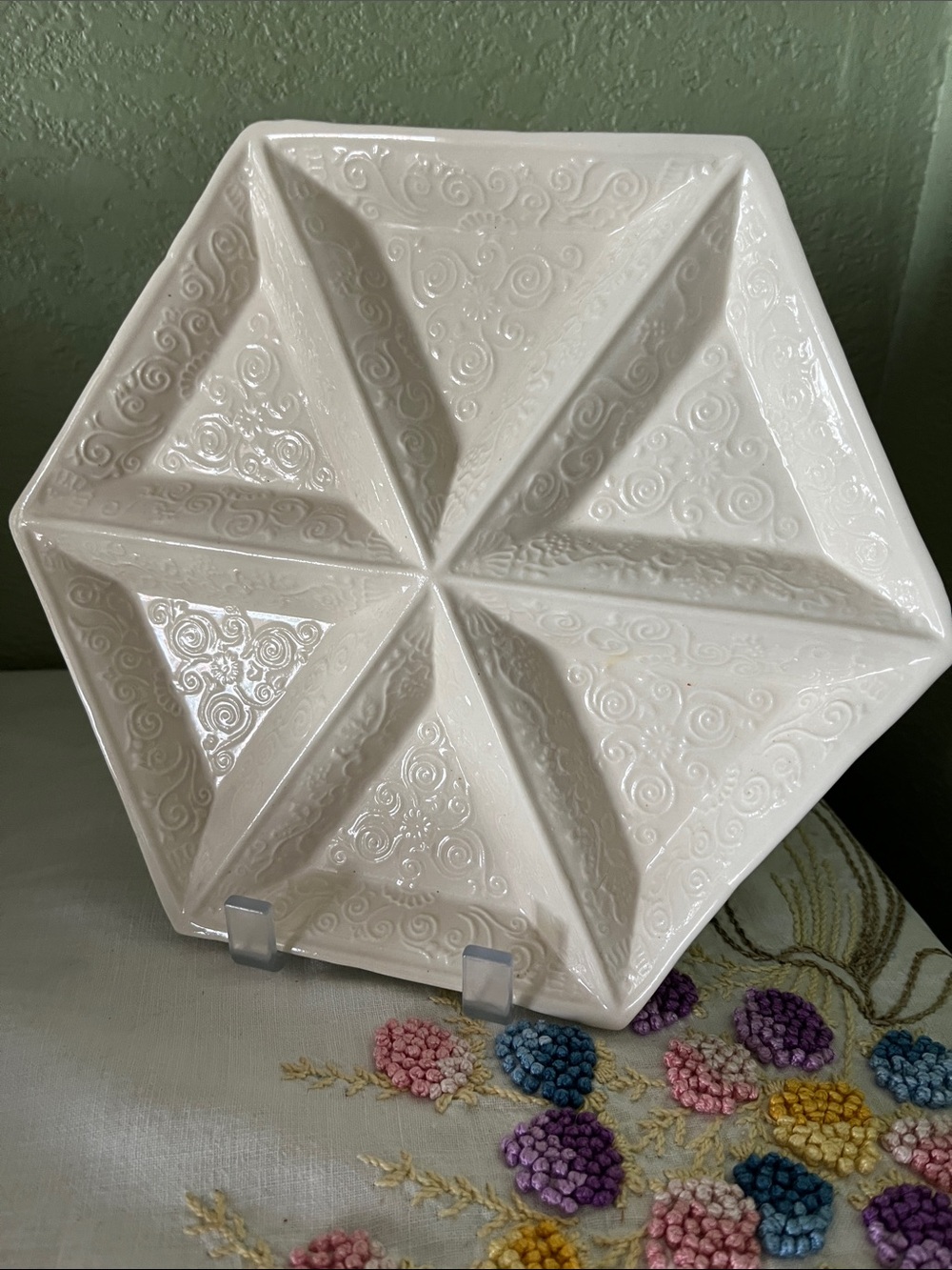 Vintage Creamware Hexagonal Divided Serving Dish – Raised Floral Scroll Design